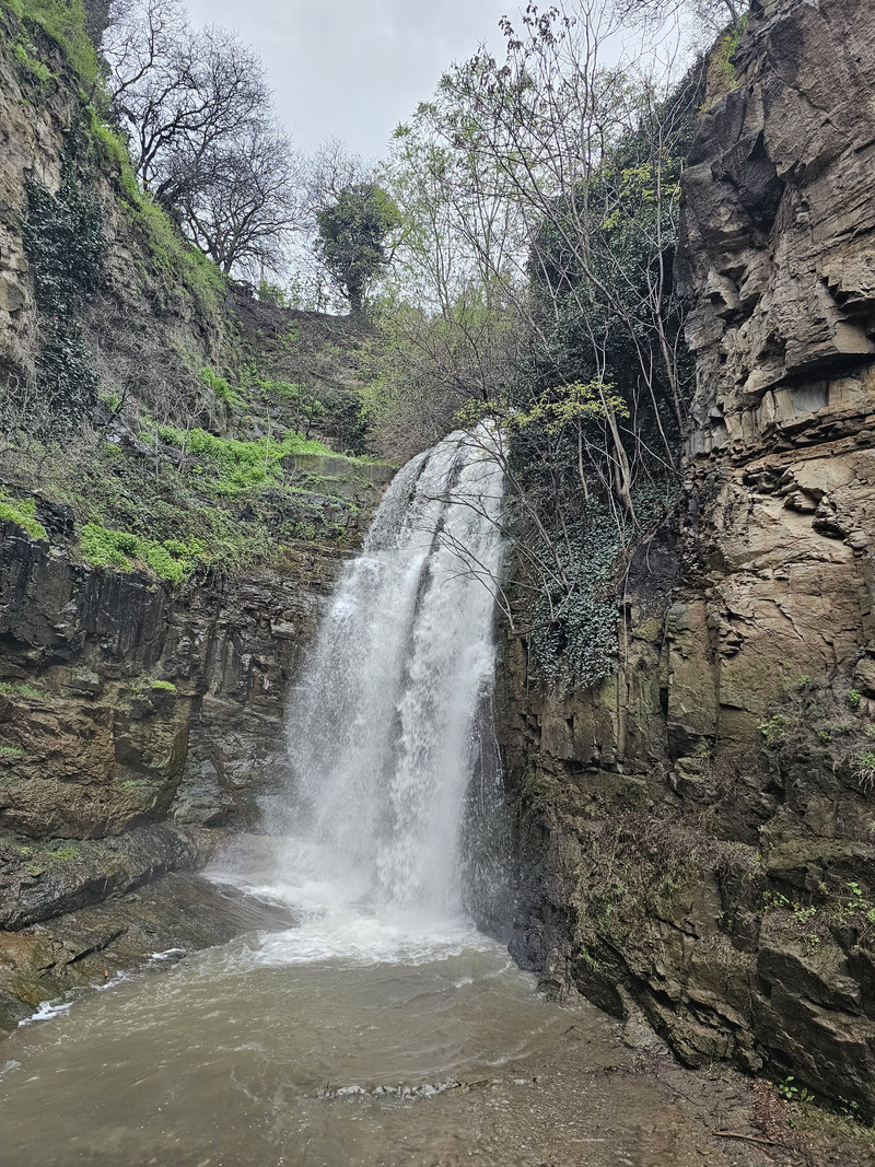 Leghvtakhevi waterfall in a rocky gorge in Tbilisi, Georgia.