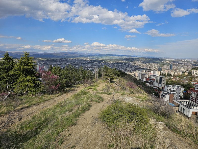 Panoramic view of Tbilisi from a grassy hillside trail