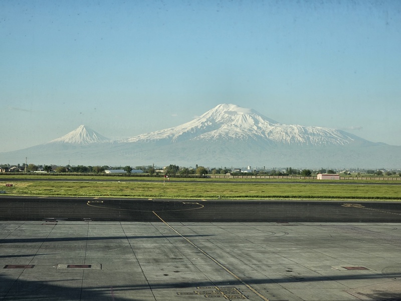 View of snow-capped Mount Ararat from the terminal of Zvartnots International Airport in Yerevan, Armenia.