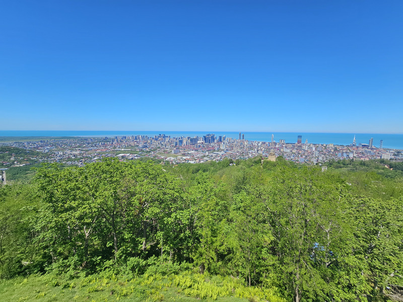 Batumi skyline and Black Sea seen from a green hillside above the city.