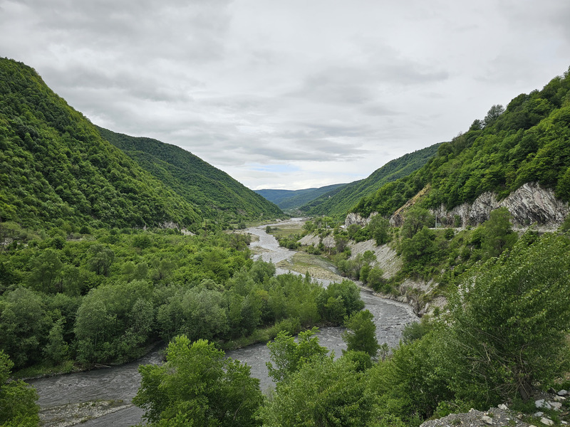 Forested mountain valley with a winding river under cloudy skies.