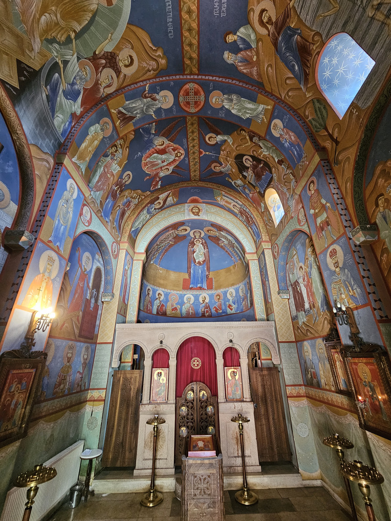 Fresco-covered ceiling and iconostasis inside Sioni Cathedral in Tbilisi, Georgia.
