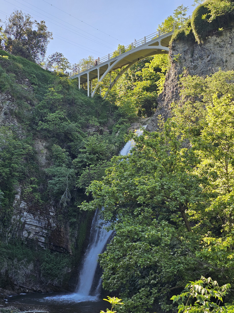 Waterfall below a footbridge in a green gorge within the Tbilisi botanical gardens