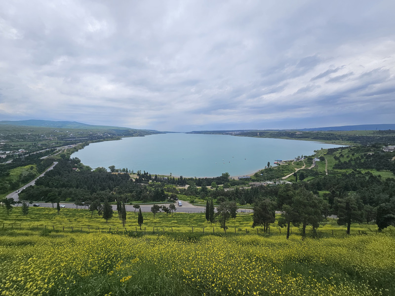 Tbilisi Sea reservoir and green hills under a cloudy sky, seen from a wildflower meadow near Tbilisi.